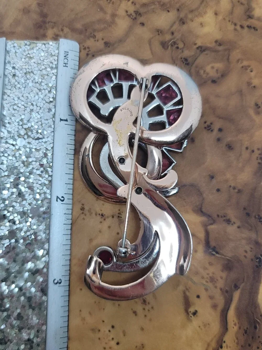 Art Deco Retro Sterling, Rhinestone & Art Glass Brooch - Picture 3 of 4